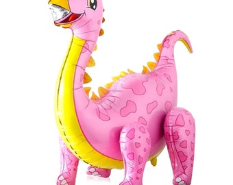 May include: A pink inflatable dinosaur balloon with yellow accents and a spotted pattern. The dinosaur has a long neck, a small head with a toothy grin, and a long tail.