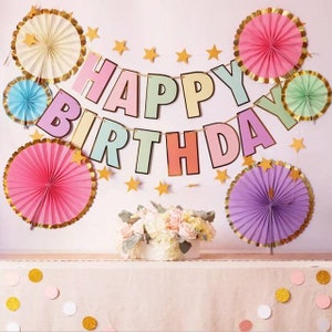 Pastel happy birthday banner,Macaron pastel paper fans,Rainbow Pastel Unicorn Party decorations, Birthday backdrop Banner