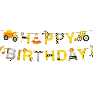 Op de afbeelding: Een gele en zwarte banner met een bouwthema waarop 'Happy Birthday' staat. De banner is versierd met bouwvoertuigen, gereedschap en veiligheidsketens.