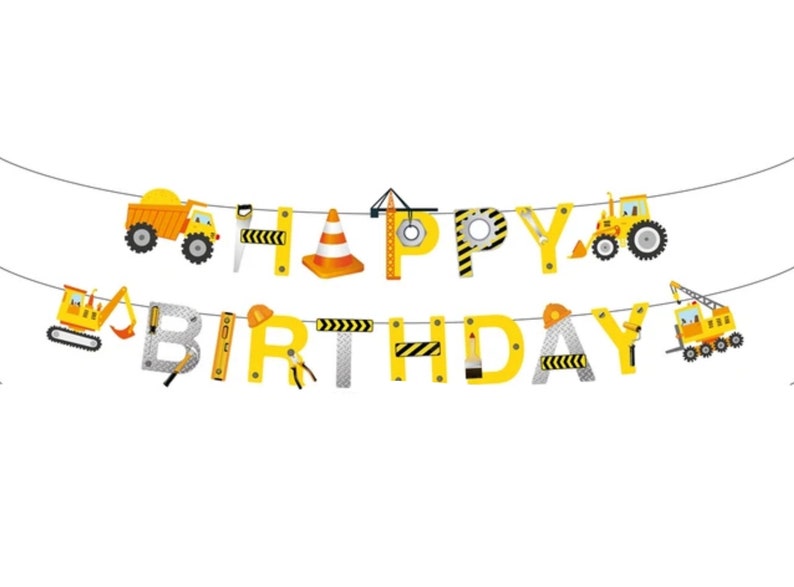 Op de afbeelding: Een gele en zwarte banner met een bouwthema waarop 'Happy Birthday' staat. De banner is versierd met bouwvoertuigen, gereedschap en veiligheidsketens.