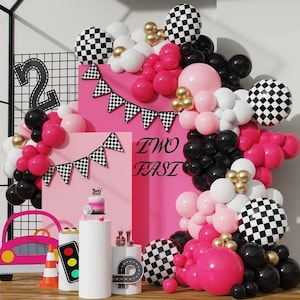 Pink Racing Car Balloon Garland Arch Kit,Girls Two Fast 2nd Birthday Backdrop Garland,Race Car Checkered Flag Party Decorations