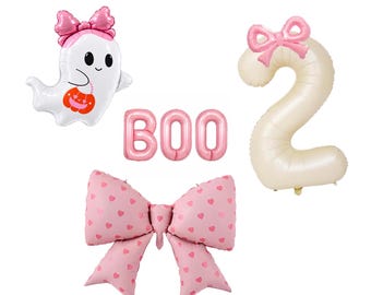 May include: A set of foil balloons including a white ghost with a pink bow holding an orange pumpkin bucket, the letters B-O-O in pink, a large cream-colored number two balloon with a pink bow, and a large pink bow balloon with a heart pattern.