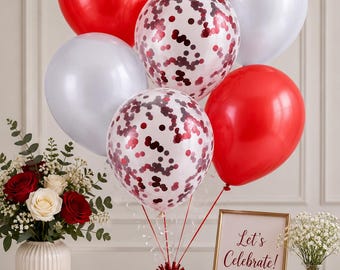 Red & White Balloon Bouquet, Birthday Party Decorations, Anniversary Decor, Graduation Party, Confetti Balloons (15 pcs)