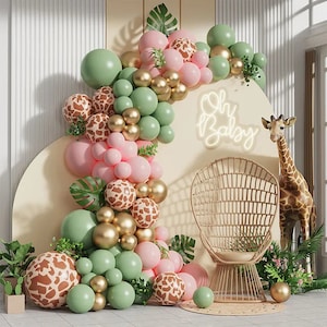 Giraffe Balloon Garland Kit, Pink, Sage & Gold Safari Party Decor, Girls Birthday Decorations, Baby Shower Decor
