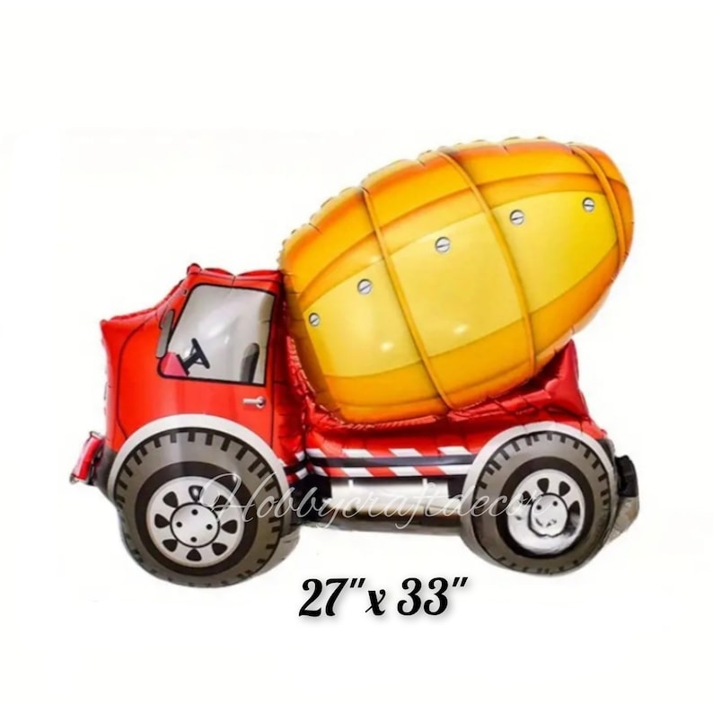 Op de afbeelding: Een rode en gele folie ballon in de vorm van een bouwtruck. De truck heeft een grote, ronde cementmixer achterop. De ballon is 27 inch bij 33 inch.