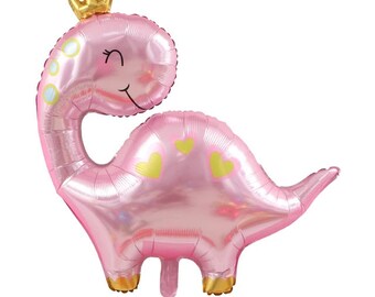 May include: Pink dinosaur shaped foil balloon with a gold crown, two yellow hearts, and a smiling face.