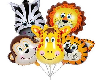 Safari Animal Mylar Balloons, Jungle Birthday Party Decor, Lion, Giraffe, Tiger, Zebra, and Monkey