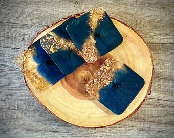 Navy Blue Square Coaster Set | Resin Tray | New Home Gift | Morn Decor