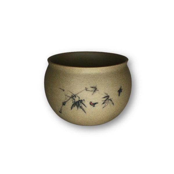 Tan Asian Style Pot with Tree Limb and Birds, Flower Pot Decorative Planter