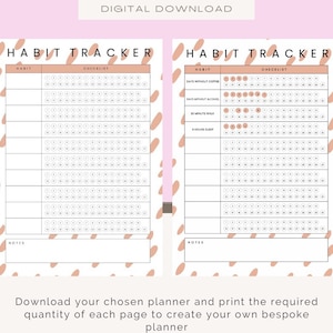 Può includere: Un planner di abitudini stampabile con un elenco di controllo per tenere traccia delle abitudini quotidiane. Il planner ha uno sfondo rosa e bianco con accenti marroni. Il planner include una sezione per le note.