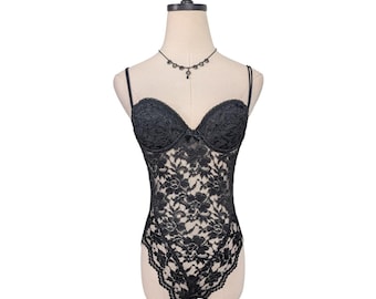 Vintage Victoria Secret Teddy Bodysuit 34A Black Lace Gold Label Sheer Vamp Glam