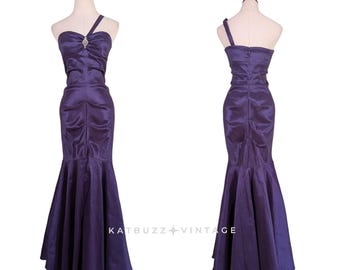 Vestido de fiesta vintage largo, talla 8, morado, sin tirantes, estilo Y2K, sirena glamurosa, hombros plisados.