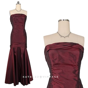 Vintage Prom Dress Maxi Ball Gown 16 Red 90s Goth Strapless Maroon Y2K Mermaid