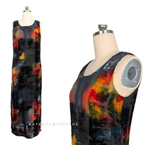 vintage robe longue en velours dévoré noir Mulit M mélange de soie aquarelle artsy des années 90