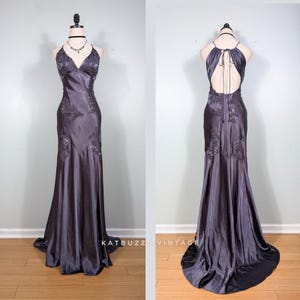 Vintage Livas Prom Dress Maxi Gown 8 Gray Satin Y2K Glam Fairy Bead Hollywood