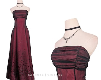 Vestido largo de fiesta vintage Morgan Co, talla 4, rojo, negro, estilo gótico, con corsé y babydoll.