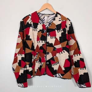 Coldwater Creek Patchwork Jacket Blazer L Rood Bruin Zwart Wol Artistiek Eclectisch