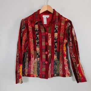 コールドウォータークリーク ベルベット パッチワーク ジャケット XSP レッド フローラル ヴィンテージ 90S ウィムシゴス