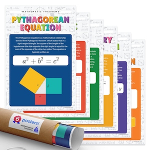 May include: A set of six educational posters on mathematical theorems, including the Pythagorean equation. The posters feature colorful designs with geometric shapes and equations. A rolled-up poster tube with a label that says "6 posters! Mathematical Functions" is in the foreground.