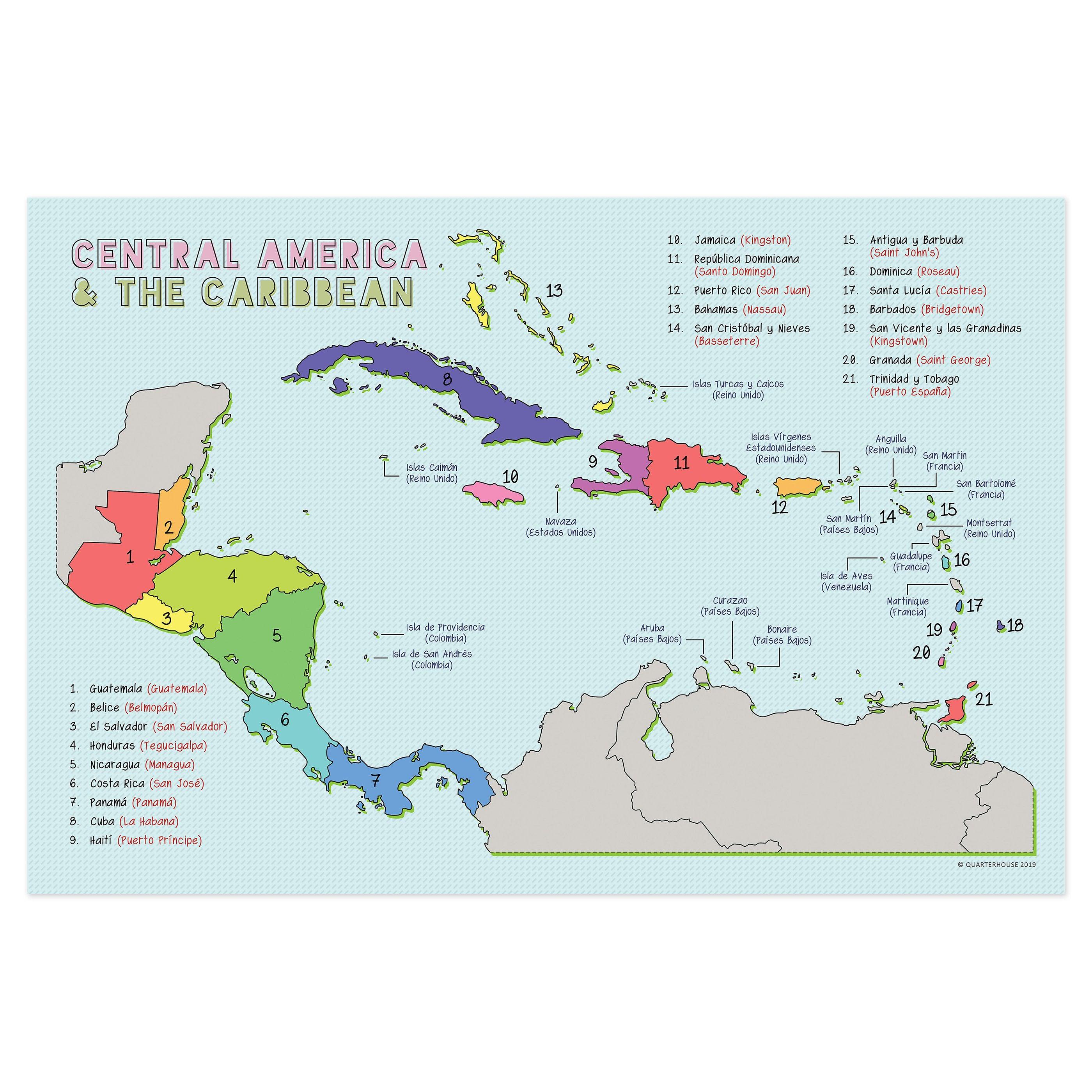 Quarterhouse Spanish Language Country Maps - Central American and Caribbean Countries and Capitals Poster, Spanish and ESL Classroom...