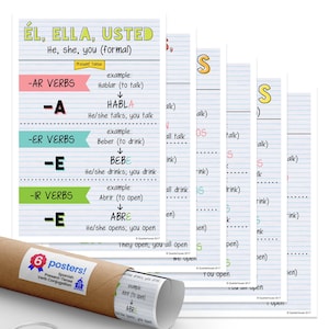 Conjunto de carteles de conjugación de verbos en presente en español (con temática de luz) de Quarterhouse, materiales de aprendizaje para el aula de español para estudiantes de K-12 y...