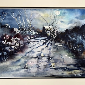 Vintage Watercolour Painting, Landscape Painting, Original Art, Wall Art, Night Scene, Impressionist, River, full moon