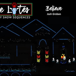 Puede incluir: Una imagen nocturna de una casa decorada con luces navideñas azules, blancas, rojas y amarillas. El texto de la imagen dice "Dee Lotes Holiday Show Sequences" y "Believe Josh Groban."