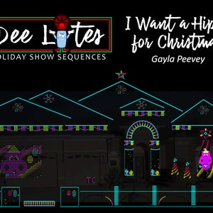 May include: A house decorated with Christmas lights in the shape of a hippopotamus, snowflakes, and stars. The lights are multi-colored and the house is dark. The text "I Want a Hippo for Christmas" and "Gayla Peevey" are displayed above the house.