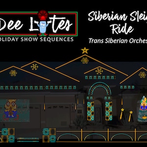 Może przedstawiać: Nocna ekspozycja domu udekorowanego świątecznymi światełkami. Na wyświetlaczu widnieje napis "Dee Lites Holiday Show Sequences" i "Siberian Sleigh Ride Trans Siberian Orchestra". Dom jest ozdobiony płatkami śniegu, gwiazdami i choinką.