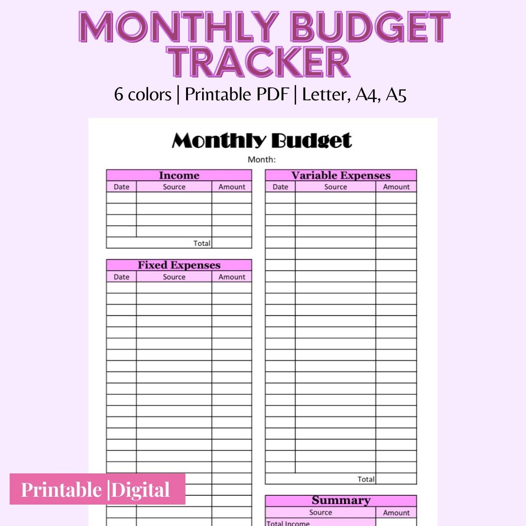 Monthly Budget Tracker Printable - Etsy