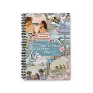 May include: Spiral-bound notebook with a collage design featuring beach imagery, photos, and text. The cover includes the phrase "The Summer I Turned Pretty" and other beach-themed elements. The notebook is designed for writing and note-taking.