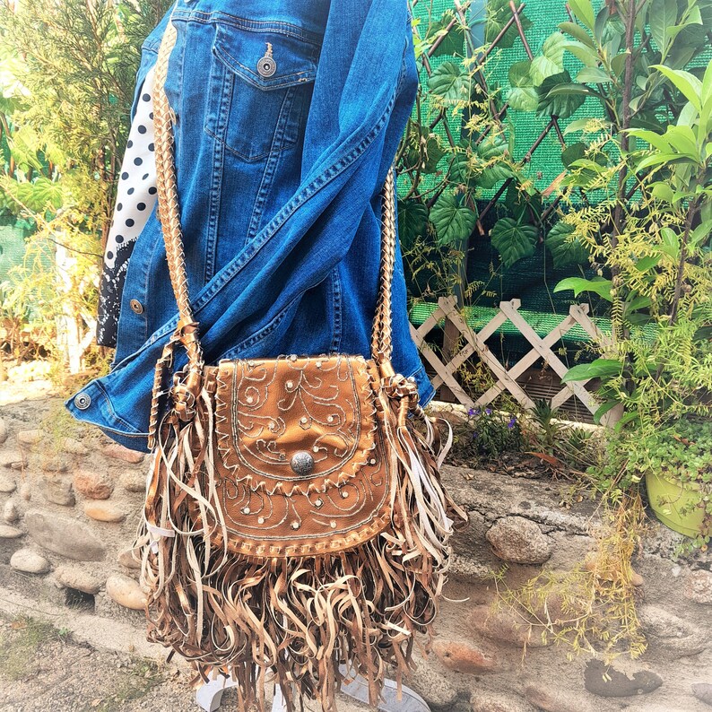 Vintage Boho Bag With Fringes, Gold Metallic Leather, Hippie Chic Bag
