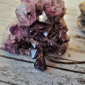 May include: A purple amethyst crystal pendant necklace with a detailed metal setting. The pendant is resting on a cluster of amethyst crystals.