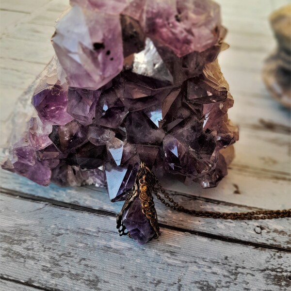 Amethyst pendant, natural stone pendant, chiseled brass, gem