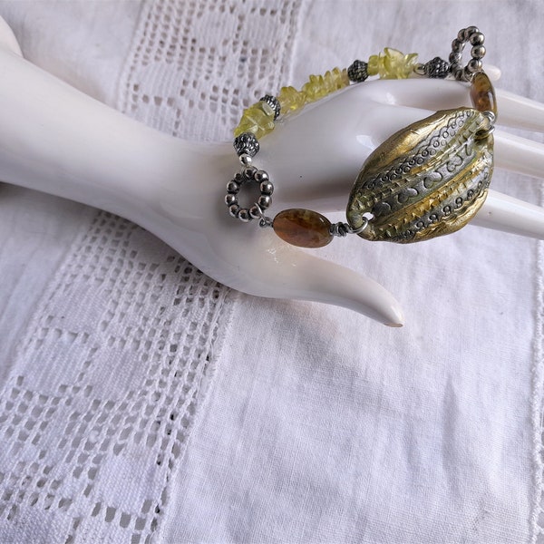 Bracelet Péridot et Agate craquelée , ,bracelet  pierres naturelles, style Bohème