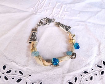 Pulsera de cinta de seda, estilo Boho hippie, ágatas bordadas