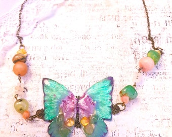 Butterfly necklace inlaid with Citrine and Aventurine, pendant, costume jewelry for her