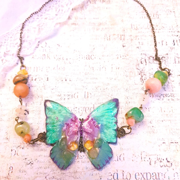 Butterfly necklace inlaid with Citrine and Aventurine, pendant, costume jewelry for her