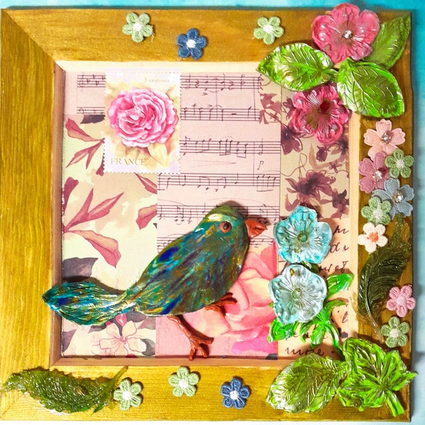 Tableau décor relief  "L'oiseau  ", Idée cadeau, Déco murale, fait main