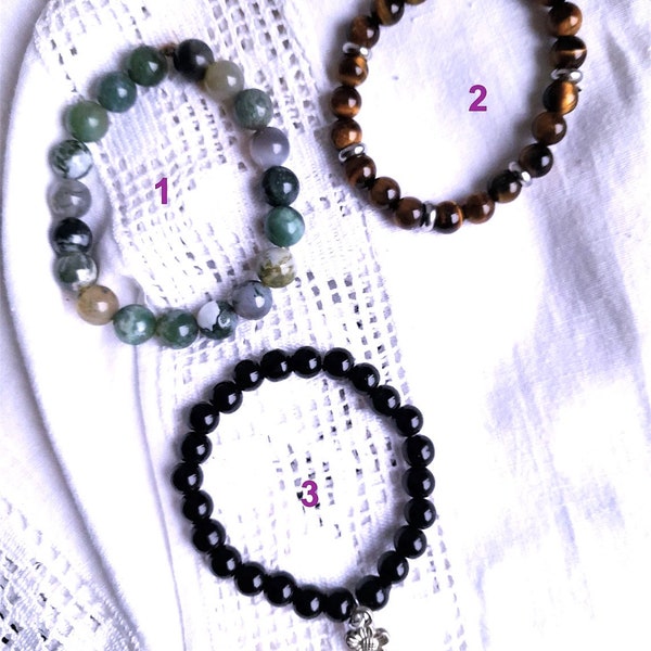 Bracelet Agate mousse, bracelet Onyx, bracelet Oeil du Tigre ,idée cadeau Fête des mères