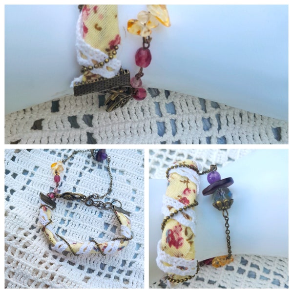 Bracelet  2 rangs  Bohème chic, ruban et chaine fine, Citrine ,Amethyste