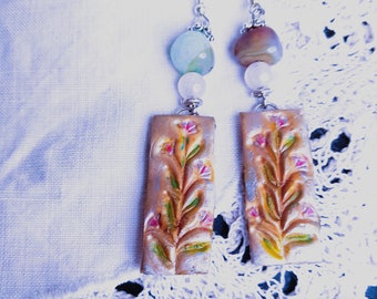 Flower earrings, Bohemian style with Pink Quartz and  Silver 925, Free shipping