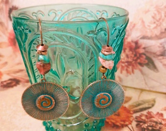 Celtic style earrings in pink Tourmaline and turquoise Howlite, unique gift  for Her