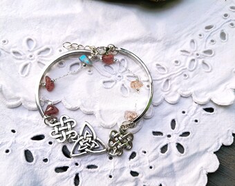 Thin Celtic  bracelet, for Women, pink Tourmaline and 2 rows  ,