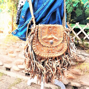 Vintage Boho Bag With Fringes, Gold Metallic Leather, Hippie Chic Bag