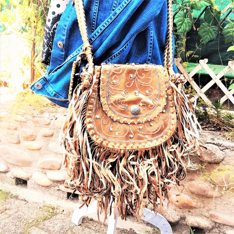 Vintage Boho Bag With Fringes, Gold Metallic Leather, Hippie Chic Bag