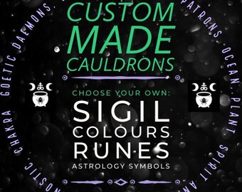Puede incluir: Imagen en blanco y negro de un caldero con una araña en la parte superior. El texto dice "Custom Made Cauldrons. Choose your own: Sigil, Colors, Runes, Astrology Symbols."