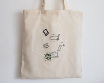 The Book tote Bag -  Book lover,Booktok,Hand painted,illustration tote,kindle,eco friendly,school bag,book gift,  minimalist,bookstagram