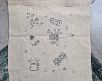 Knitting/Crochet themed tote bag - doodle tote, knitting tote, DIY, crafts, handmade with love, knitting and crochet tote bag, haberdashery
