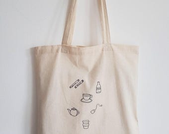 The tea tote bag – minimalist, cartoon, tea themed, tea cartoon hand drawn, reusable, gifts for her, gift for tea lover, illustration cotton